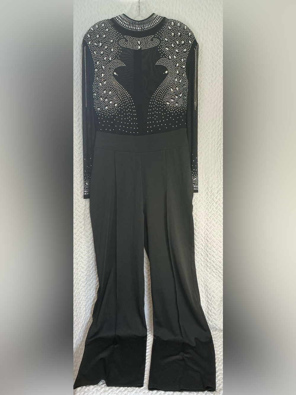 Boutique Black Rhinestone Fringe Illusion Mesh Wide Leg Jumpsuit XXL